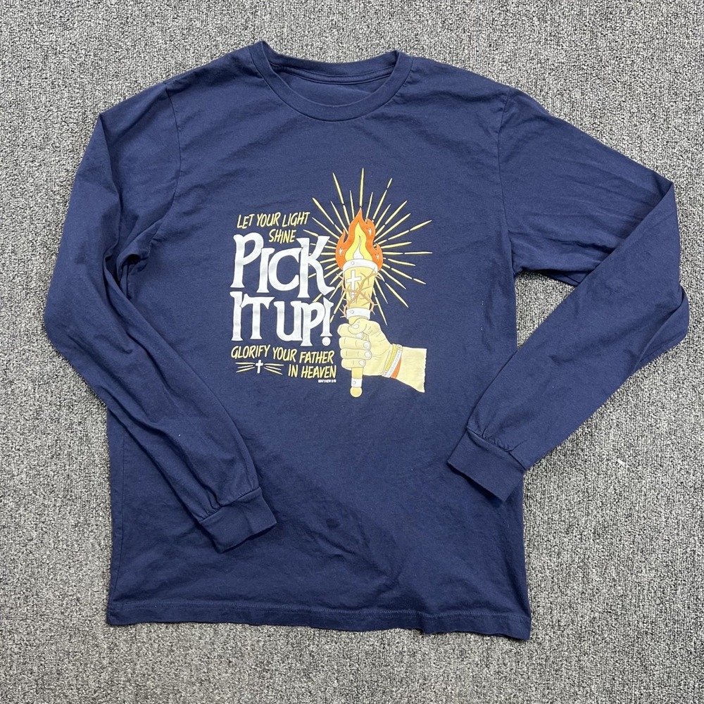Christian Faith Pick It Up Matthew 5:16 Long Sleeve Shirt L Navy Blue Tee